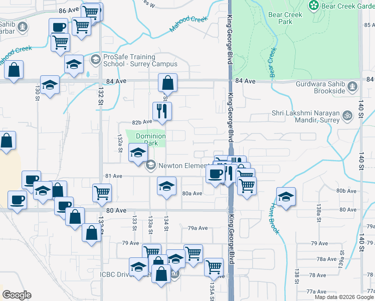 map of restaurants, bars, coffee shops, grocery stores, and more near 13467 81B Avenue in Surrey