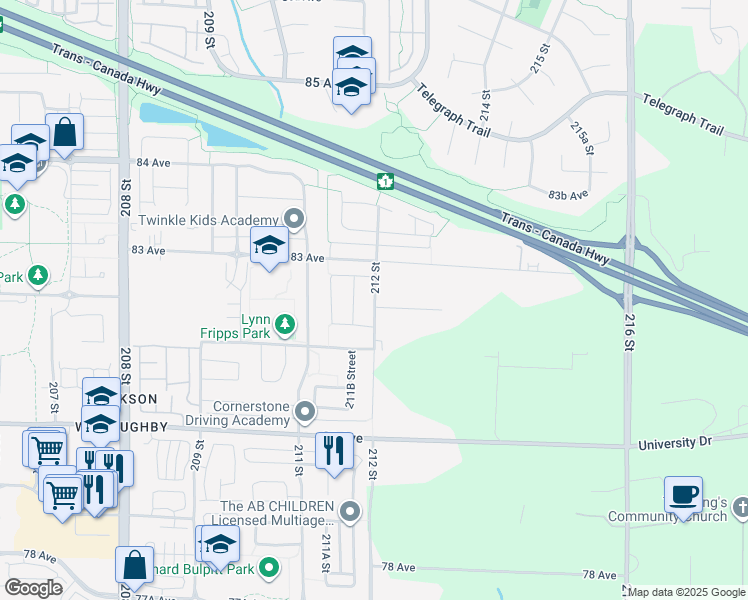 map of restaurants, bars, coffee shops, grocery stores, and more near 8197 212 Street in Langley