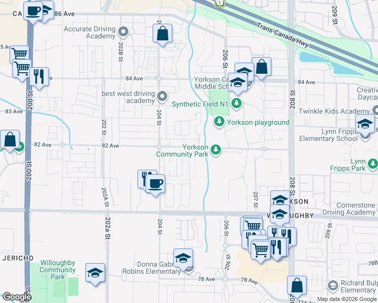 map of restaurants, bars, coffee shops, grocery stores, and more near 20498 82 Avenue in Langley Township
