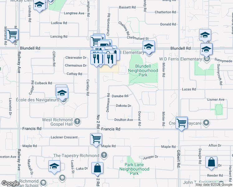 map of restaurants, bars, coffee shops, grocery stores, and more near 6211 Danube Road in Richmond