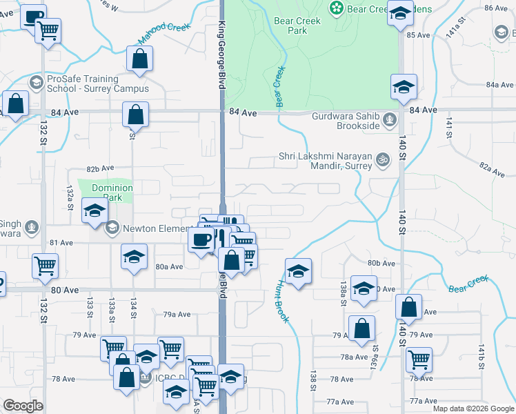 map of restaurants, bars, coffee shops, grocery stores, and more near 8168 136A Street in Surrey