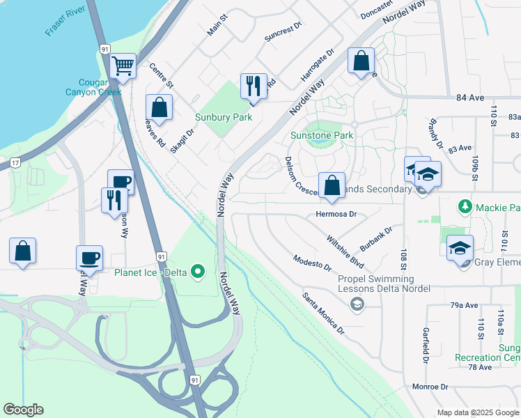 map of restaurants, bars, coffee shops, grocery stores, and more near 8162 Wiltshire Boulevard in Delta