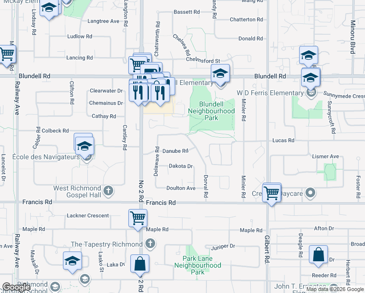 map of restaurants, bars, coffee shops, grocery stores, and more near 6291 Danube Road in Richmond