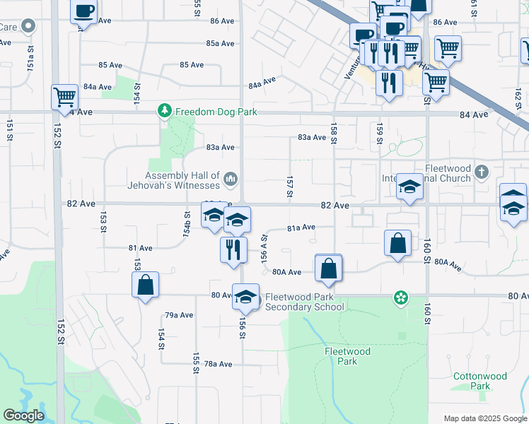 map of restaurants, bars, coffee shops, grocery stores, and more near 15648 82 Avenue in Surrey