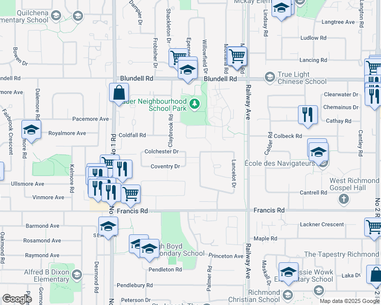 map of restaurants, bars, coffee shops, grocery stores, and more near 4640 Coventry Drive in Richmond
