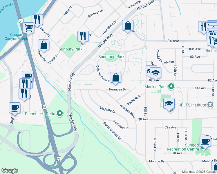 map of restaurants, bars, coffee shops, grocery stores, and more near 10601 Hermosa Drive in Delta