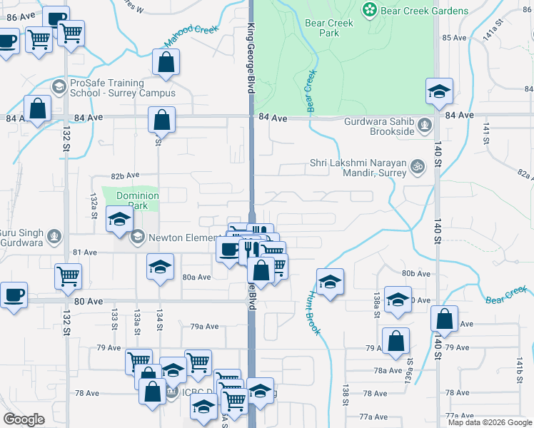 map of restaurants, bars, coffee shops, grocery stores, and more near 13629 81A Avenue in Surrey