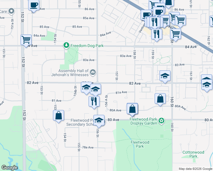 map of restaurants, bars, coffee shops, grocery stores, and more near in Surrey