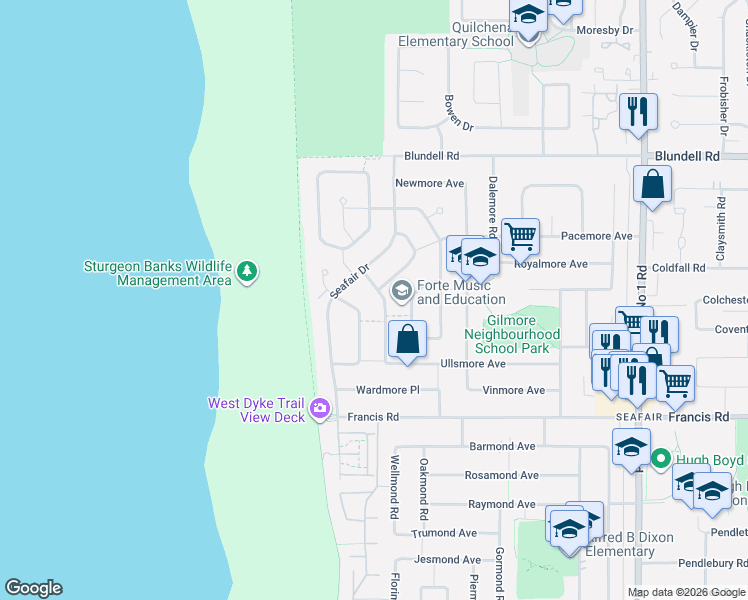 map of restaurants, bars, coffee shops, grocery stores, and more near in Richmond