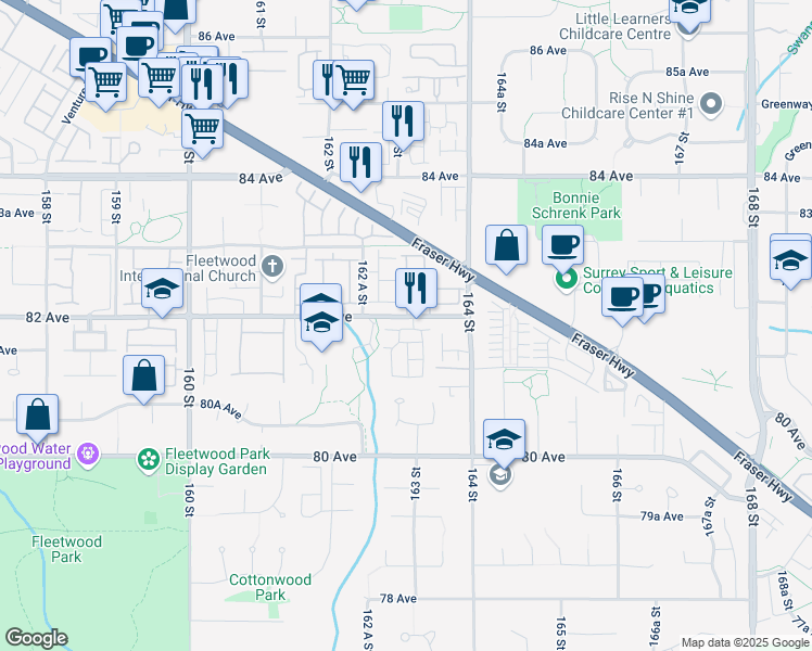 map of restaurants, bars, coffee shops, grocery stores, and more near 16318 82 Avenue in Surrey