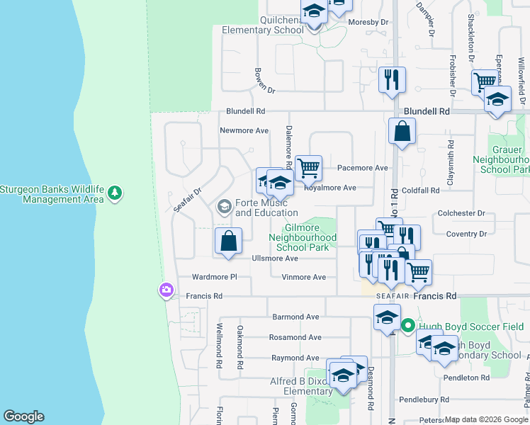 map of restaurants, bars, coffee shops, grocery stores, and more near in Richmond