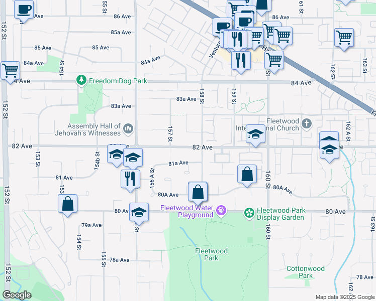 map of restaurants, bars, coffee shops, grocery stores, and more near 15756 82 Avenue in Surrey