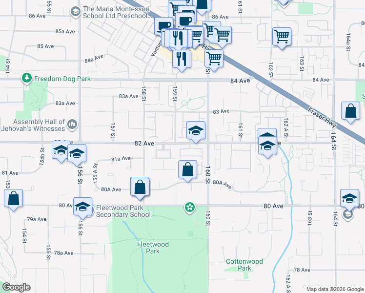 map of restaurants, bars, coffee shops, grocery stores, and more near 15968 82 Avenue in Surrey