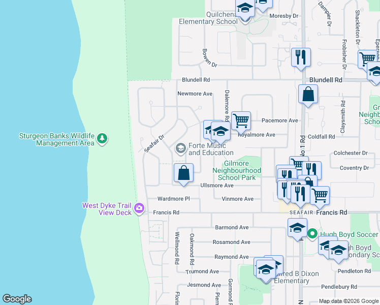 map of restaurants, bars, coffee shops, grocery stores, and more near 8400 Fairhurst Road in Richmond
