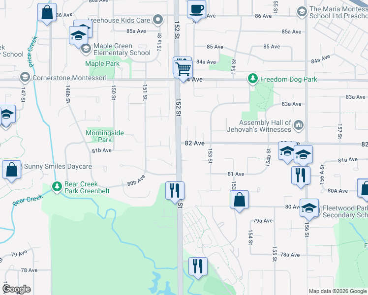 map of restaurants, bars, coffee shops, grocery stores, and more near 15210 82 Avenue in Surrey