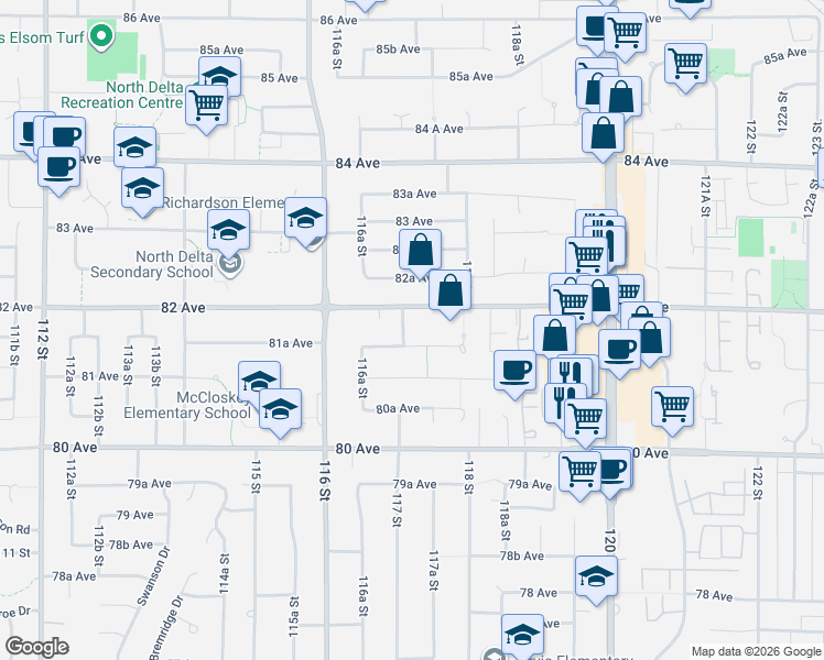 map of restaurants, bars, coffee shops, grocery stores, and more near 8174 117 Street in Delta