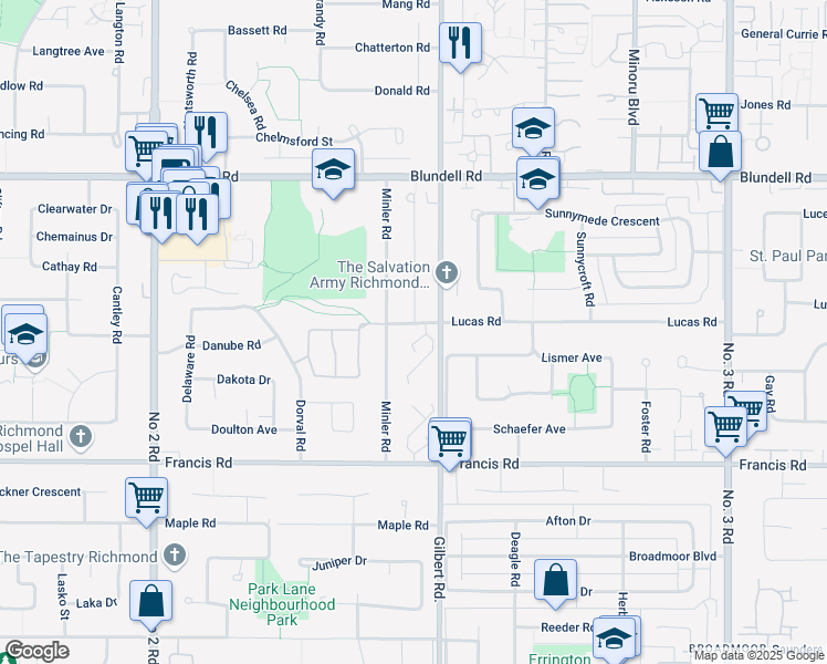 map of restaurants, bars, coffee shops, grocery stores, and more near 6880 Lucas Road in Richmond