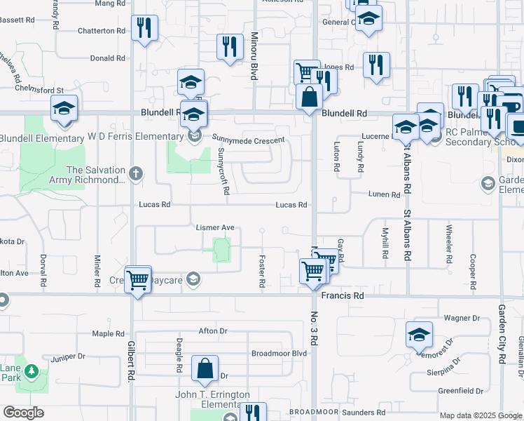 map of restaurants, bars, coffee shops, grocery stores, and more near 7600 Lucas Road in Richmond