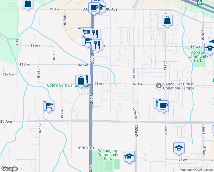 map of restaurants, bars, coffee shops, grocery stores, and more near 8161 201 Street in Langley Township