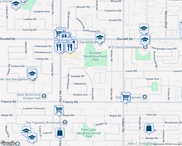 map of restaurants, bars, coffee shops, grocery stores, and more near 8386 Dorval Road in Richmond