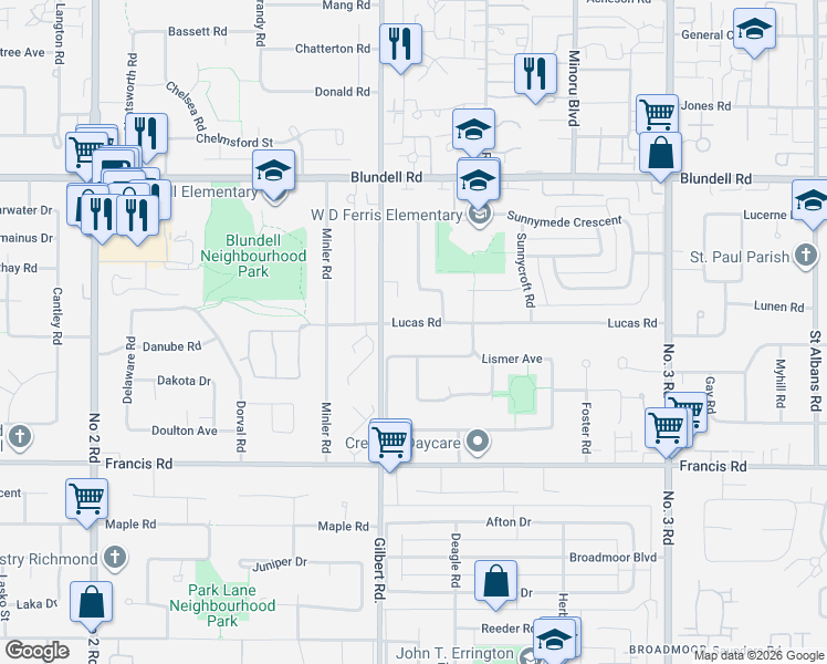 map of restaurants, bars, coffee shops, grocery stores, and more near 7080 Lucas Road in Richmond