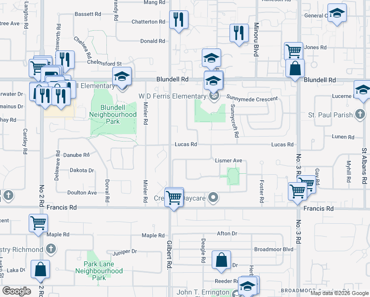 map of restaurants, bars, coffee shops, grocery stores, and more near 7080 Lucas Road in Richmond
