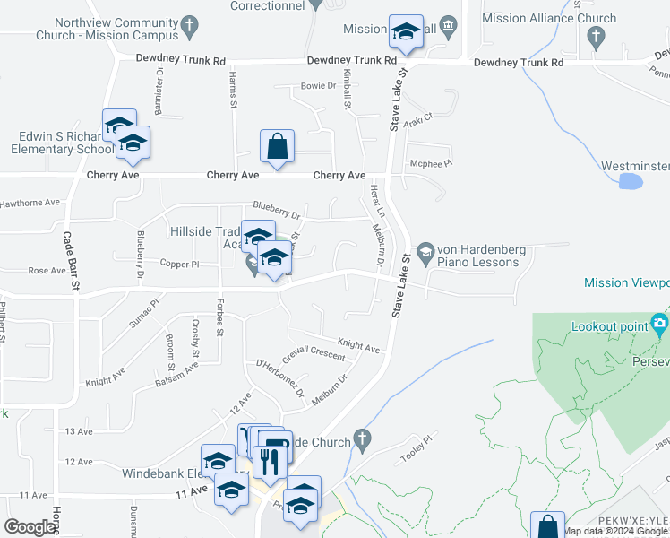 map of restaurants, bars, coffee shops, grocery stores, and more near 33767 Best Avenue in Mission