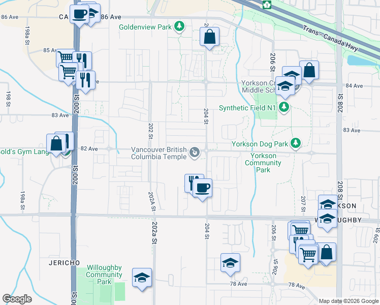 map of restaurants, bars, coffee shops, grocery stores, and more near in Langley Township