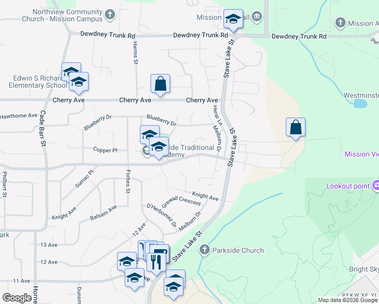 map of restaurants, bars, coffee shops, grocery stores, and more near 33753 Best Avenue in Mission