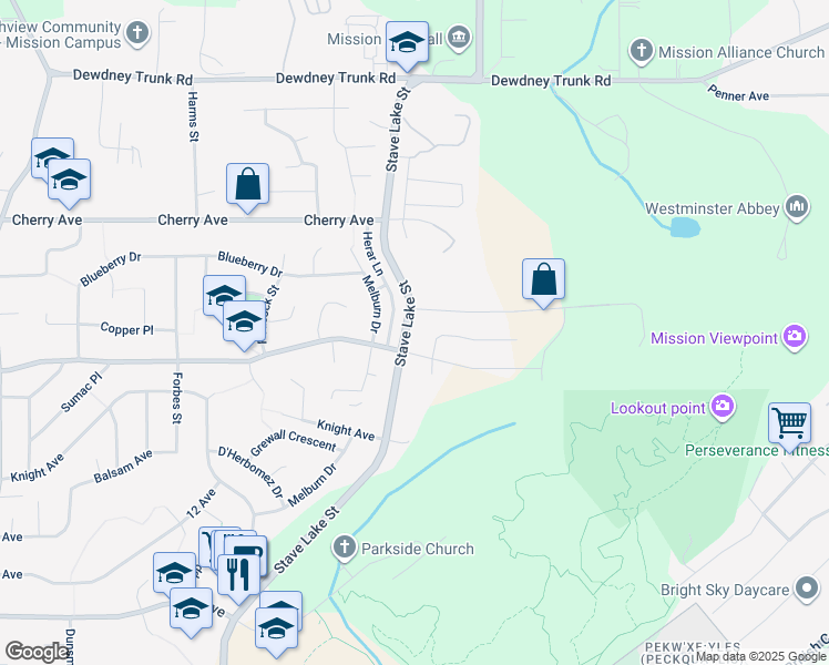 map of restaurants, bars, coffee shops, grocery stores, and more near 33929 Barker Court in Mission