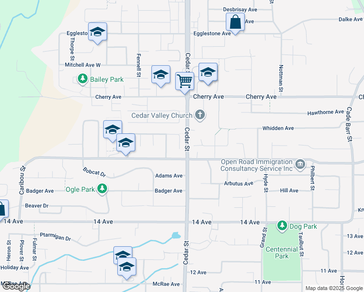 map of restaurants, bars, coffee shops, grocery stores, and more near 8232 Cedar Street in Mission