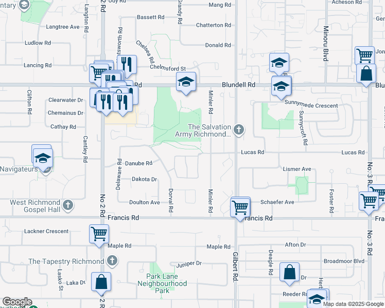 map of restaurants, bars, coffee shops, grocery stores, and more near 6600 Lucas Road in Richmond
