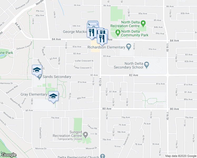 map of restaurants, bars, coffee shops, grocery stores, and more near 8179 112 Street in Delta