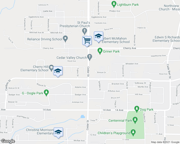 map of restaurants, bars, coffee shops, grocery stores, and more near 8232 Cedar Street in Mission