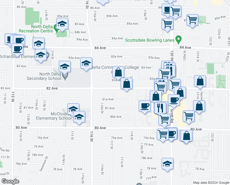 map of restaurants, bars, coffee shops, grocery stores, and more near 8184 117 Street in Delta