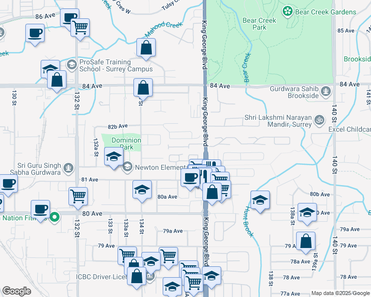 map of restaurants, bars, coffee shops, grocery stores, and more near 8181 135A Street in Surrey