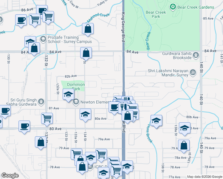 map of restaurants, bars, coffee shops, grocery stores, and more near 8181 135A Street in Surrey