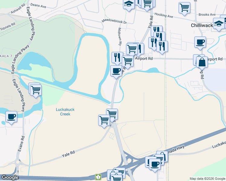 map of restaurants, bars, coffee shops, grocery stores, and more near 45548 Yale Road in Chilliwack