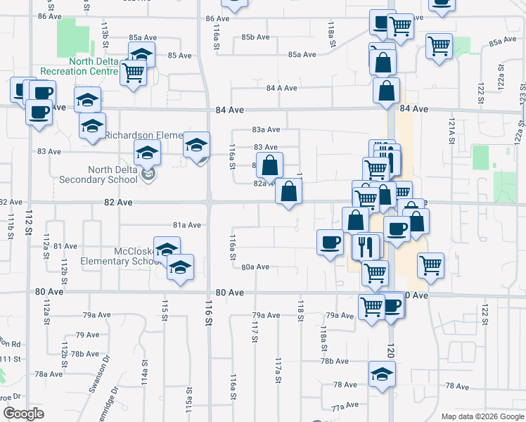 map of restaurants, bars, coffee shops, grocery stores, and more near 8186 117 Street in Delta