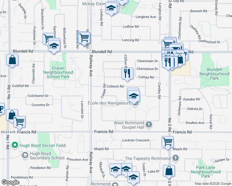map of restaurants, bars, coffee shops, grocery stores, and more near 5251 Calderwood Crescent in Richmond
