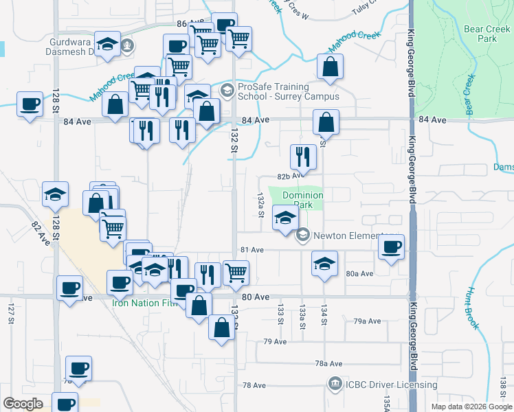 map of restaurants, bars, coffee shops, grocery stores, and more near 8183 132A Street in Surrey