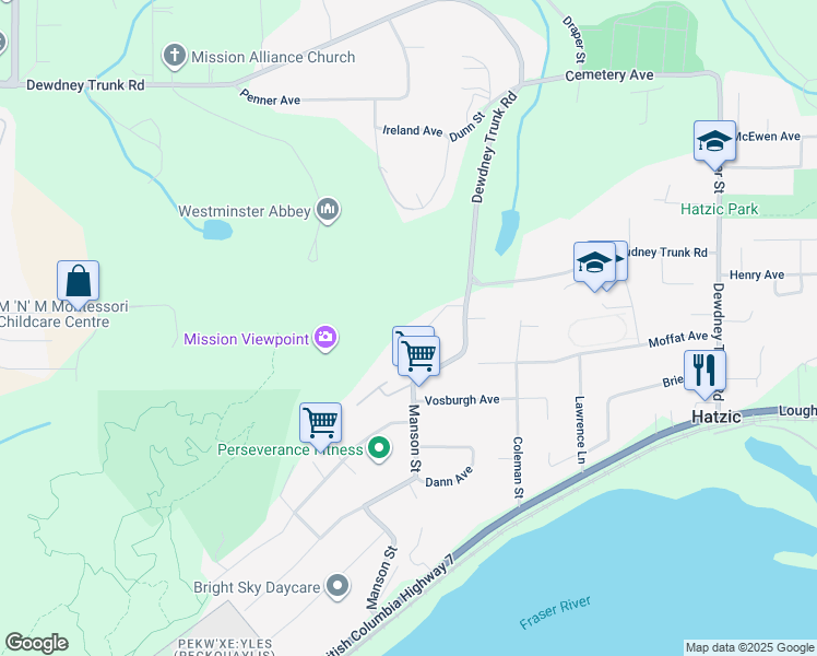 map of restaurants, bars, coffee shops, grocery stores, and more near 34651 Gordon Place in Mission