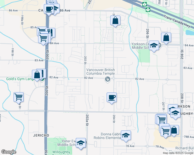 map of restaurants, bars, coffee shops, grocery stores, and more near 20291 82 Avenue in Langley