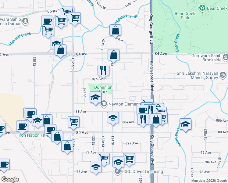 map of restaurants, bars, coffee shops, grocery stores, and more near 8224 134 Street in Surrey