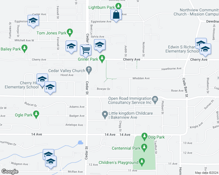 map of restaurants, bars, coffee shops, grocery stores, and more near 8247 Bowyer Drive in Mission