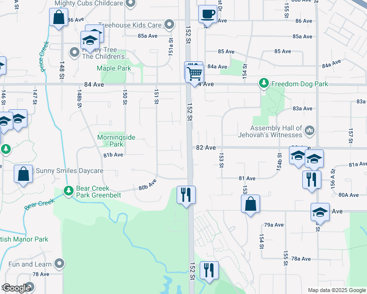 map of restaurants, bars, coffee shops, grocery stores, and more near 8213 152 Street in Surrey