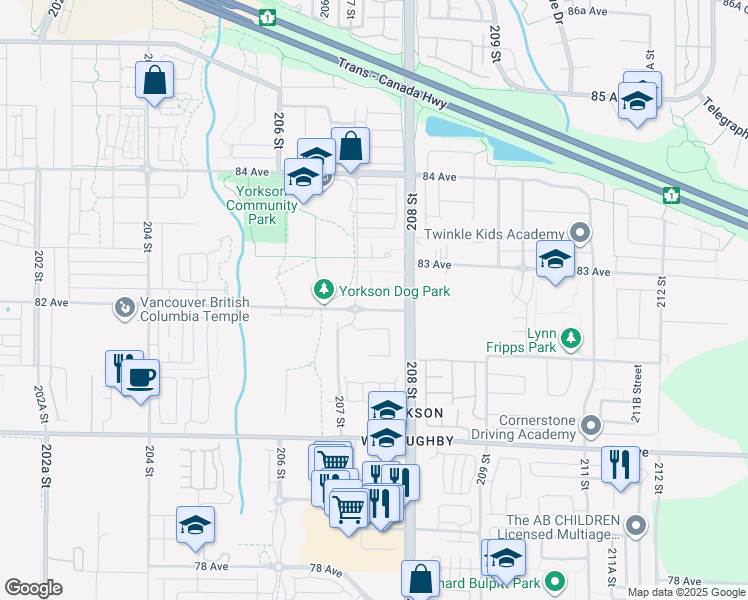 map of restaurants, bars, coffee shops, grocery stores, and more near 8218 207A Street in Langley Township