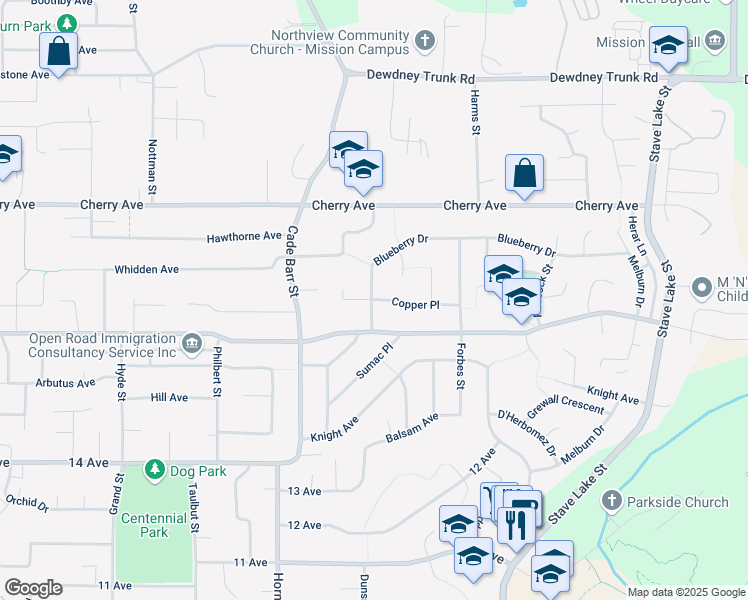 map of restaurants, bars, coffee shops, grocery stores, and more near 33473 Copper Place in Mission