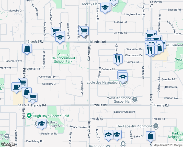 map of restaurants, bars, coffee shops, grocery stores, and more near 8350 Railway Avenue in Richmond