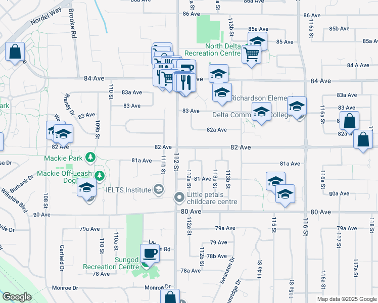 map of restaurants, bars, coffee shops, grocery stores, and more near 11238 82 Avenue in Delta